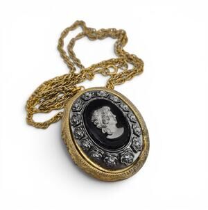 Vintage Cameo Vanity Pendant Necklace Perfume Compact Victorian Revival